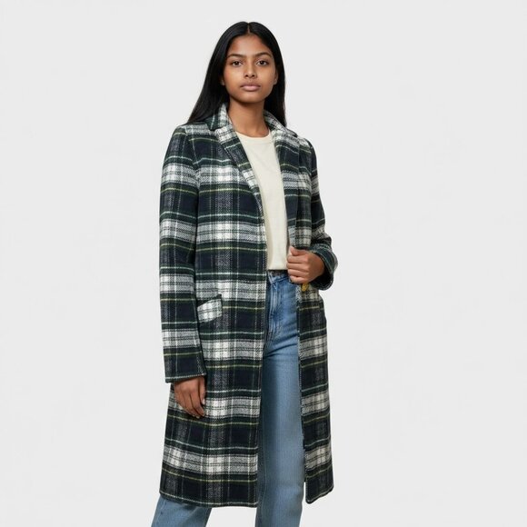 Tartan Plaid Coat Midi Wool Blend XS Preppy EUC Classic Green Navy White - Picture 1 of 8